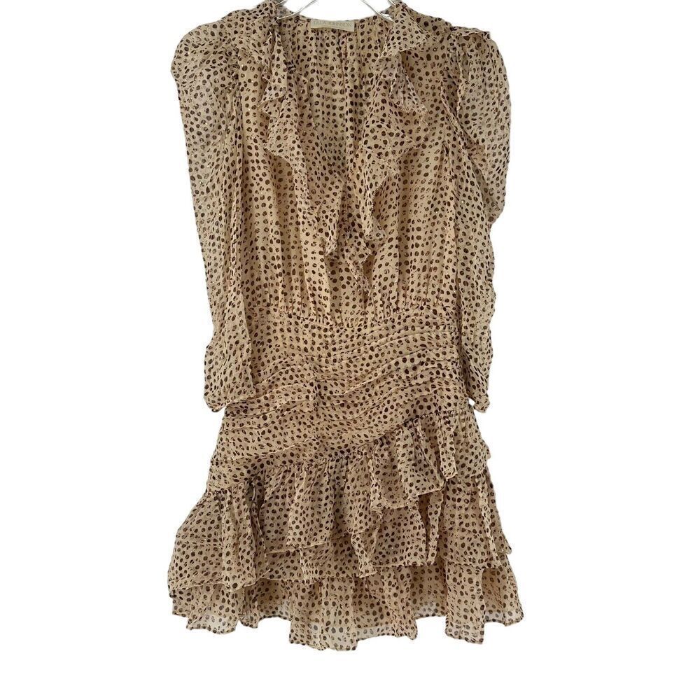 Ulla Johnson Dress Cecily Leopard Dot Mini Ruched Ruffle Silk Size 0 Metallic